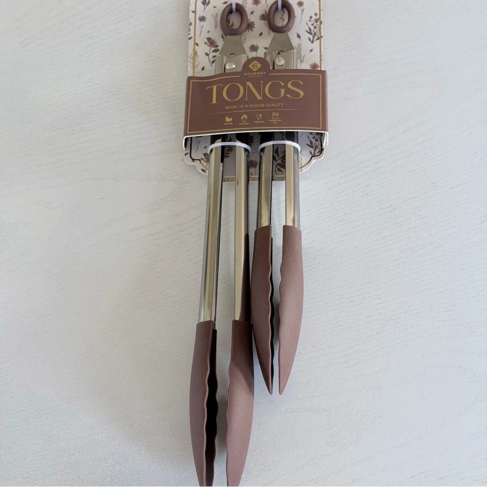 Brown and Silver Gourmet Superior Quality Kitchen Tongs Set of 2